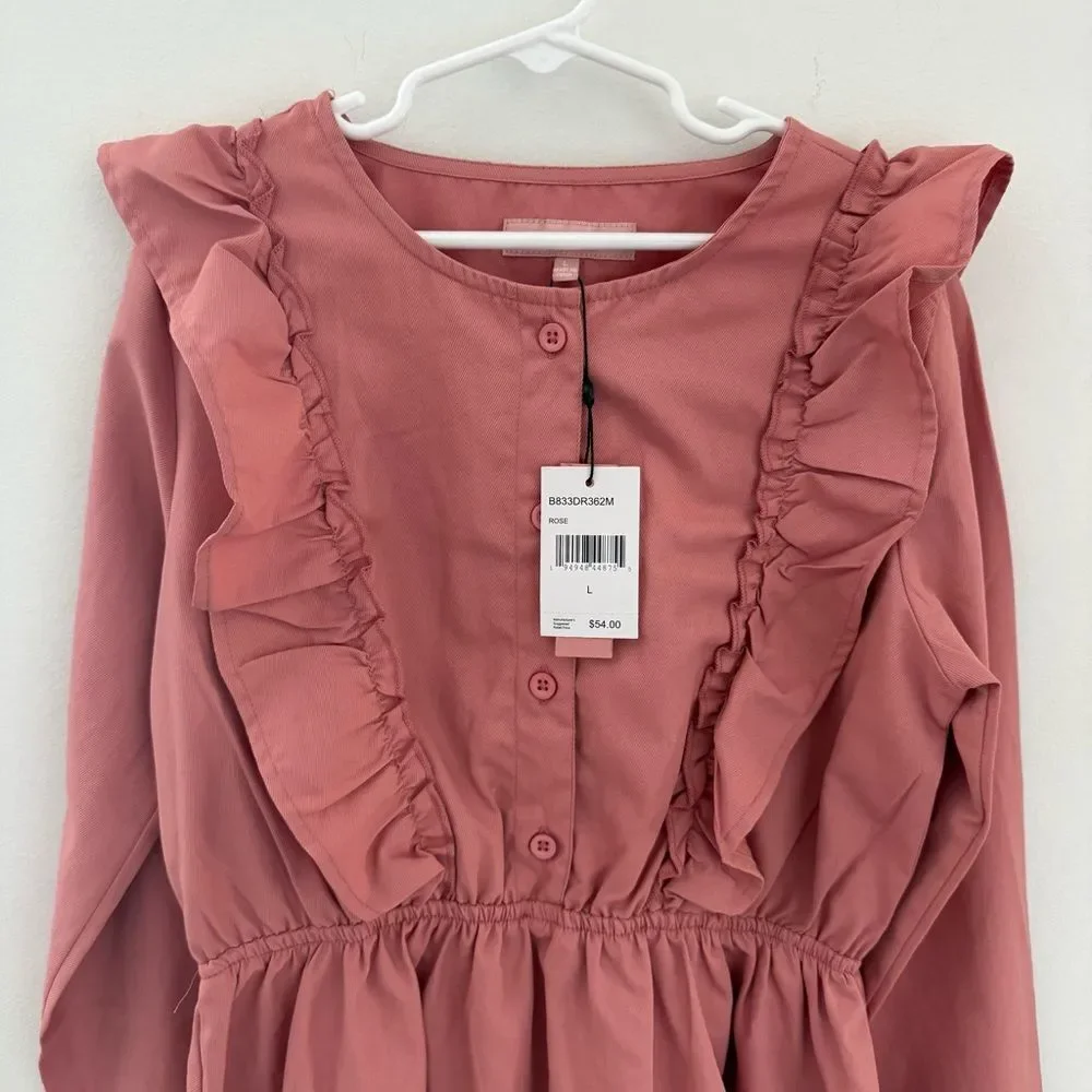 BCBG Girls Dress Rose Color Long Sleeved L Ruffle Pink